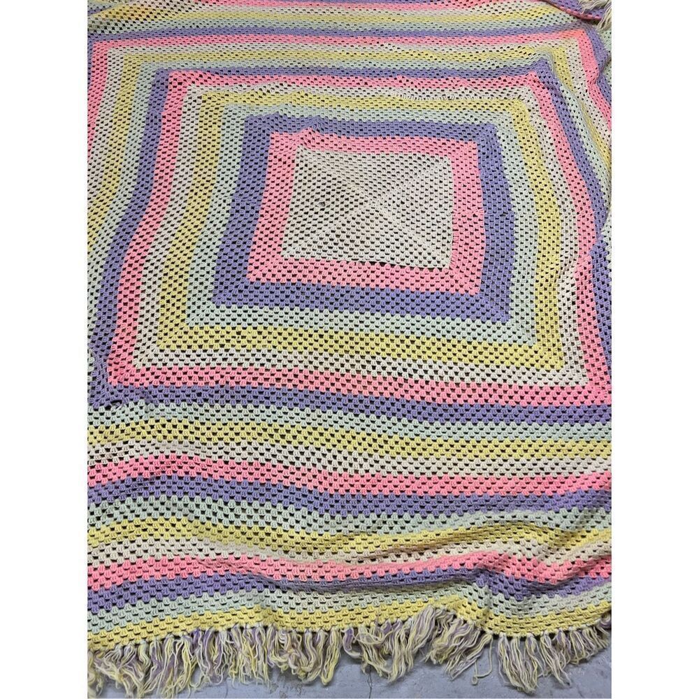 Multicolor Striped Fringe Knitted Blanket Size 80” x 83”